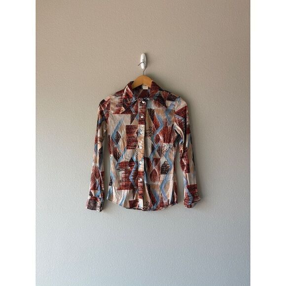 vintage 70s abstract print button front long sleeve - Picture 1 of 5
